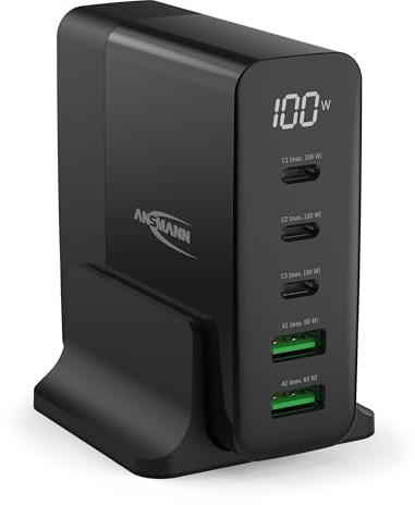 ANSMANN 5-Port USB Ladestation - 140W Netzteil mit Display & Power Delivery | Quick Charge 3.0 Ladeadapter für Smartphone, Tablet und Laptop, 3x USB-C und 2x USB-A Anschlüsse mit Smart IC Technologie
