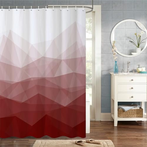 MIRRORANG 180x180cm Tissu Rouge Rideau De Douche Ombre Rouge Montagne Géométrique Rideau De Douche pour Salle De Bain Tissu Polyester Imperméable Ensemble avec Crochets