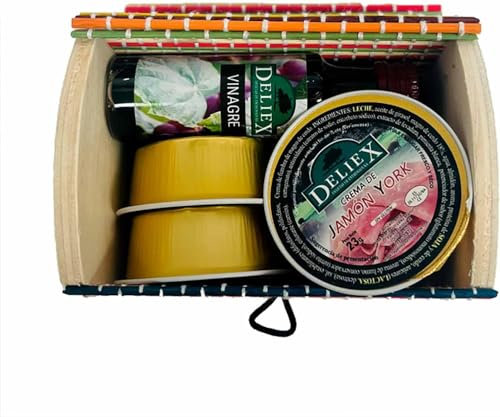 Aceite de Oliva, vinagre y 3 monodosis de paté, sabor jamón york, lomo curado y pavo, en baúl de colores. Regalo original para bodas