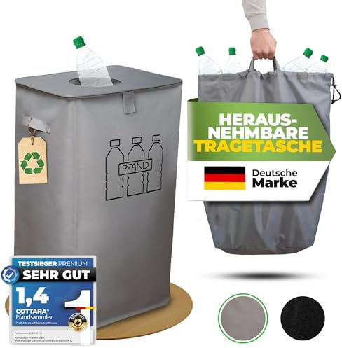 COTTARA® Pfandflaschen Sammelbehälter mit Deckel und Tragetasche | Pfandbehälter mit Einwurf | Ideal als Pfandflaschen Behälter Flaschensammler Leergut Sammelbehälter für Küche (Grau)