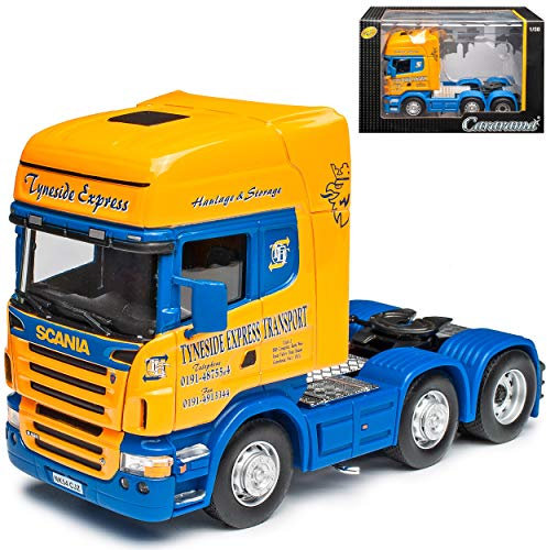 Generisch Scania R-Serie Topline 3 Achser LKW Zugfahrzeug Gelb Blau 1/50 Cararama Modell Auto