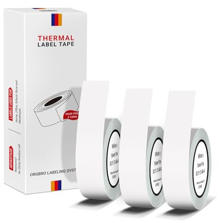 ORGBRO Etikettenband, Original Angepasstes X1 Thermodruck-Etikettenpapier 15mm×7m, Standard Kaschiertes Büro-Etikettenband-Ersatz, Selbstklebeetiketten, 3er Pack, Weiß