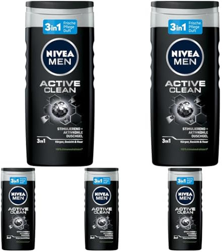 NIVEA MEN Active Clean Duschgel (250 ml), pH-hautfreundliche Pflegedusche mit maskulinem Duft, Männer Duschgel mit Aktivkohle für Körper, Gesicht und Haar (Packung mit 5)
