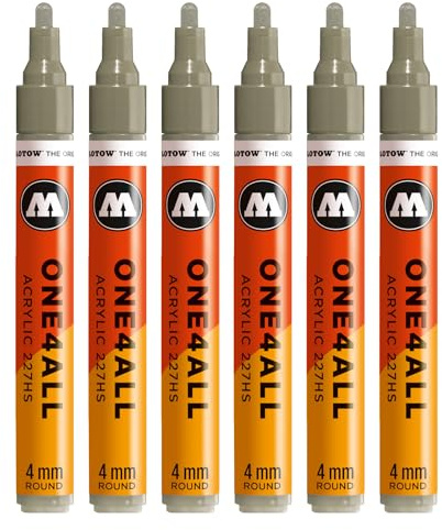 Molotow One4All 227HS Acryl Marker (4,0 mm Strichstärke, hochdeckend und permanent, schnell trocknend, nachfüllbar, für fast alle Untergründe) 6 Stück Farbe 261 steingrau mittel
