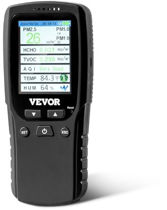 VEVOR Monitore della Qualità dell'Aria 164 x 71 x 44 mm Monitore di Formaldeide 8 in 1, Rilevatore di Particelle PM2,5 PM10 PM1,0 Temperatura, Umidità, con Soglie di Allarme per Interni ed Esterni
