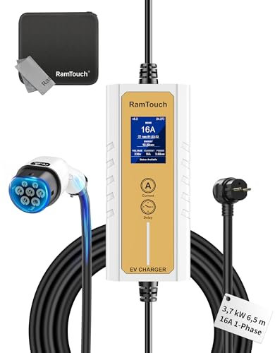 RamTouch Ladekabel Elektroauto Typ 2 Schuko (3,7 kW, 1-phasig, 6,5 m), IP65 Mobile Wallbox Schuko mit 6A-16A Einstellbar und Timer & Verzögerung, EV-Ladegerät mit LCD für E-Autos & PHEV