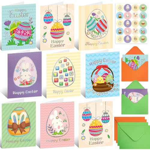 WorldBazaar Easter Cards Bulk For Kids24 PCS Glitter Easter Greeting Cards with Envelopes Holographic Spring Colorful Eggs Bunny Blank Inside