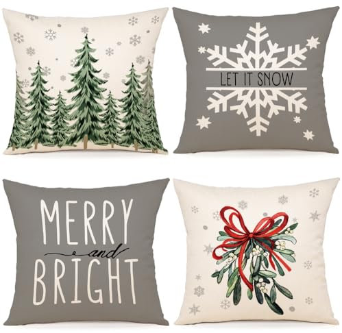 ZWJD Kissenbezug Weihnachten 50x50 4er Set Leinen Kissenbezüge Weihnachtskissen Christmas Dekokissen Kissenhüllen für Deko Weihnachten Sofa Schlafzimmer Couch Kissenbezug 50x50 cm A293