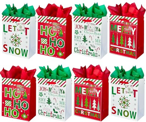 12 Stück Weihnachtsgeschenktüten Papiertüten mit Seidenpapier, kleine mittelgroße Geschenktüten für Weihnachtsleckereien mit Griffen, Weihnachtseinkaufstüten für Geschenke