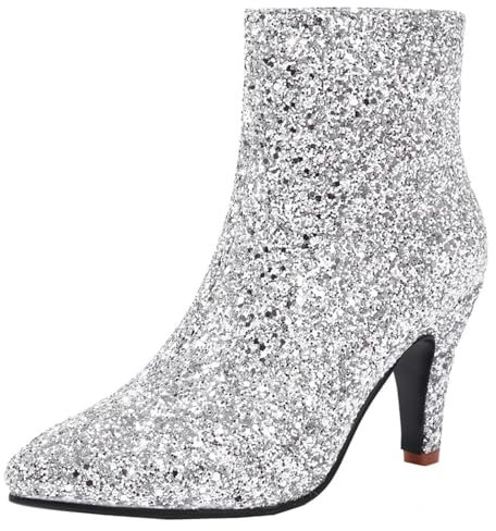 HSyc JRX Stivaletti da donna a spillo con tacco alto con pizzo glitterato, stivali invernali, argento, 36 EU