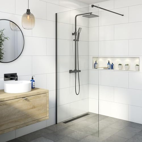 BAYSTONE® 1200mm Wet Room Shower Screen Panel 8mm Toughened Safety Easy Clean Glass Walk in Shower Enclosure, Frameless, Matt Black