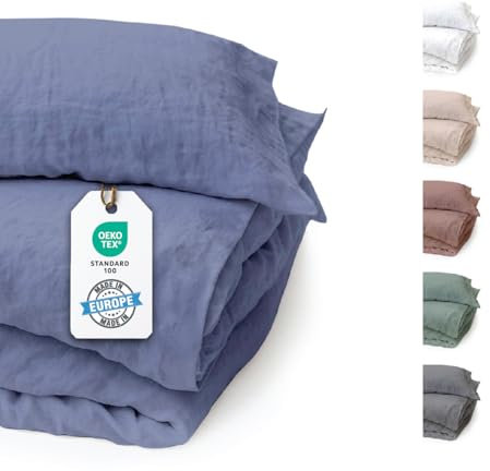BLUE MOON Bettwäsche 140x200 Leinenbettwäsche [ÖKO-TEX] - 2teilig - 1 Bettbezug 140 x 200 + 1 Kissenbezug 70x90 cm - Leinen Bettwäsche 100% Leinen - Made in EU - Stone Washed - Jeans Denim BLAU