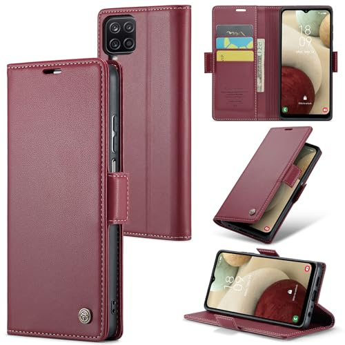 Rerzoiro Coque pour Samsung Galaxy A12 5G, Étui Housse en RFID Protection Premium PU Cuir Portefeuille Rabat Case Magnétique Stand Antichoc, Étui Case pour Samsung Galaxy A12 5G, Rouge