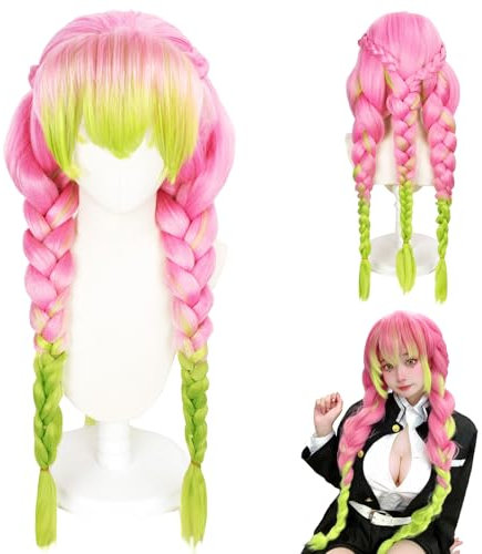 XIEXIESHER Anime Kanroji Mitsuri Perücken, Mitsuri cosplay wig mit Free Wig Cap, 80 cm, Kopfumfang Perücke Charakter Verkleiden Perücke Passend für kleine Mädchen Halloween und Karneval