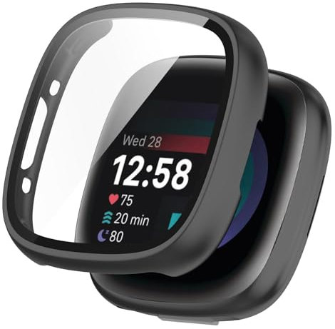 KANOYO Hülle Kompatibel mit Fitbit Sense 2 / Fitbit Versa 4 Schutzhülle,Integriertes PC + Glasmaterial,Ultradünne HD Hartglas Glas,Kratzfest,Vollständiger Schutz Case (Schwarz)