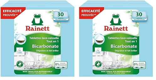 RAINETT - Pastilles Lave-Vaisselle Tout-en-Un au Bicarbonate - Résultat Brillant, Sans Traces - Etui Carton Recyclé & Recyclable - Ecolabel - 30 Tablettes (Lot de 2)