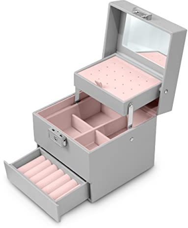 Massido Schmuckkästchen Schmuckschatulle mit Spiegel Schmuckaufbewahrung Organizer Tragbar 13 cm x 13 cm x 12,5 cm Grau