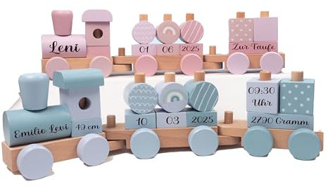 minipishop® personalisierte Geschenke Baby Holz Eisenbahn REGENBOGEN als Babygeschenk zur Geburt Junge + Mädchen Holz Zug mit Name und Datum personalisierbar mit Gravur