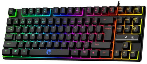 Teclado RGB para juegos – Teclados de membrana compactos sin teclas de 87 teclas con sensación mecánica, 10 modos de retroiluminación dinámicos, accesos directos multimedia, Plug & Play para PC/Mac