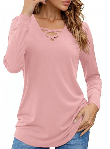 Totatuit T-Shirt à Manches Longues Col V Lâche Haut Décontracté Tee Shirt | Tenue Décontractée, Style Élégant, Tenue Quotidienne, Facile à Associer