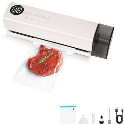Mini Vakuumiergerät, kabellos Automatischer Lebensmittel-Vakuumierer mit 3 Funktionsebenen,5 Vakuumbeutel und 2 Anschlüsse, Tragbares Vakuumiergerät für Konservierung und Lagerung von Lebensmitteln