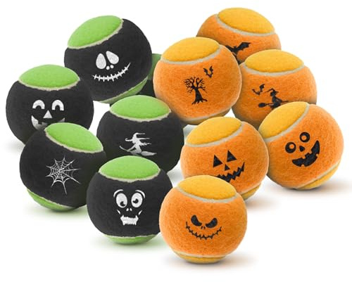 SPORTSPET Spooky Squeak Tennis Dog Balls, Halloween, PACK OF 12 (64mm) | with Mesh Bag, Squeaky Dog Balls, Non-Abrasive, Pressureless Dog-Safe Balls, squeaky tennis balls for dogs, squeak ball dog