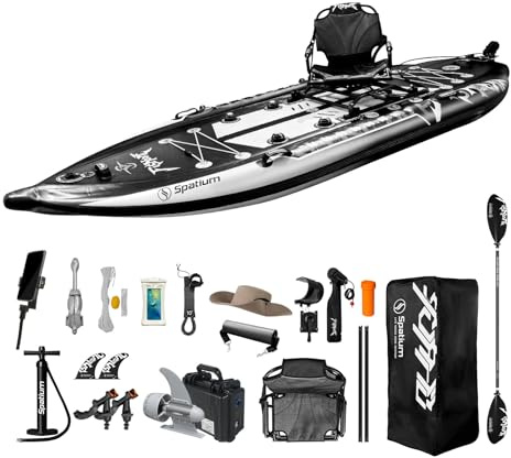 Spatium Aufblasbares SUP-Paddle-Board für Erwachsene, 27,9 x 111,8 x 10,2 cm, Angelkajak mit Premium-Zubehör, 2 Angelrutenhaltern, drehbarer Sitz, Angelpaddelbrett