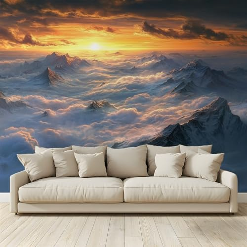 Motivtapete Fototapete Sonnenuntergang Wolkenmeer Berge Meer Tapete Wandgemälde Vlies Wand Poster Wandbilder Wohnzimmer Schlafzimmer Kinderzimmer Dekoration Moderne Wanddeko 200 (B) x 140 (H) cm