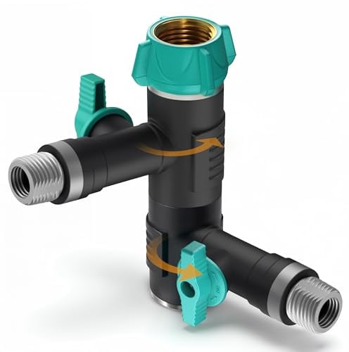 rainfactory 2-Wege Wasserverteiler 3/4 Zoll Schlauchverteiler mit 360° drehbaren, absperrbaren Anschlüssen Wasserhahn Verteiler aus Metall für Gartenschlauch, Wasseranschluss & Gartenbewässerung