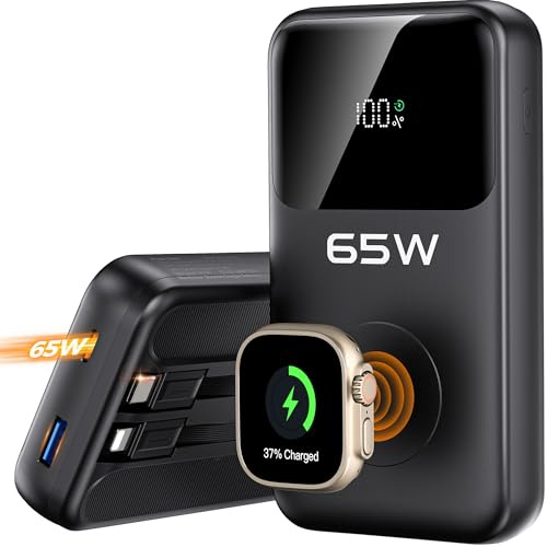 20000mAh Magnetische Power Bank mit Ladekabel, 65W USB-C Schnellladung, Ladegerät für Apple Watch, für MacBook, iPad, Tablet, iPhone 17/16/15, Galaxy S25 Reiseutensilien