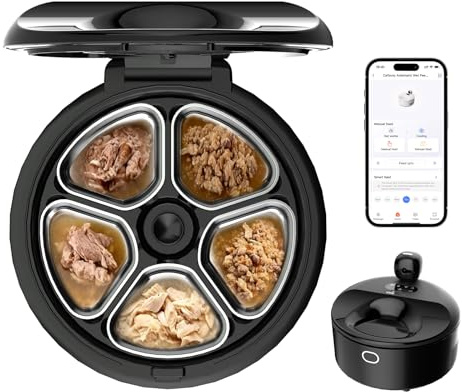 Cayboxy Automatic Cat Feeder Wet Food,Monitored Automatic Feeder Two-in-One, Refrigerated Auto Cat Feeder with Semiconductor Cooling, 5 Fresh Meals, App-Controlled, Easy to Clean(black)