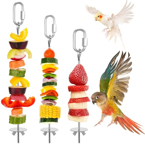 Xinjoduz Lot de 3 brochettes en acier inoxydable pour perroquet - Support pour fruits et légumes - Jouet de recherche de nourriture pour oiseaux, perroquets, perruches, légumes