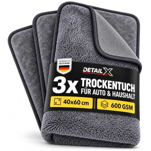 Detail X® Trockentücher für Dusche & Auto, 3er-Set, 60 x 40 cm, 600 GSM, streifenfrei & kratzfrei Mikrofasertücher Putztuch für Duschkabine, Bad, Glas, Armaturen & Auto