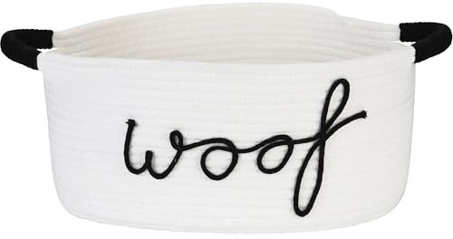Sea Team White Cotton Rope Dog Toy Storage Basket Woof Print with Handles