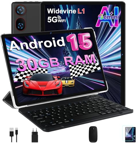 Tablet 10 Pollici Android 15 con 30 GB RAM + 2TB ROM Espansione, FHD Tablet con Tastiera e Mouse, 5G Wi-Fi, GPS, Widevine L1, Octa-Core, USB-C, BT 5.0, 6000 mAh, 8MP+5MP, Gemini AI,Nero