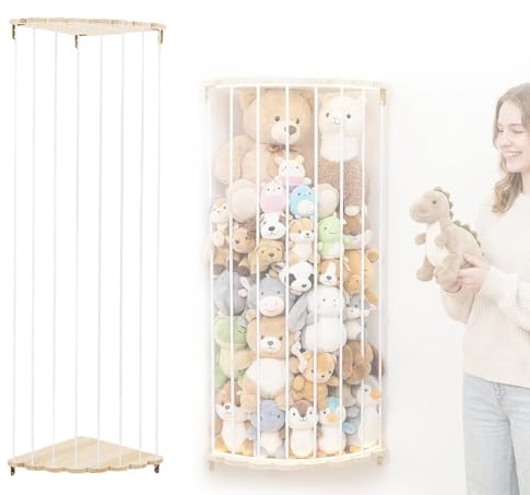 Kuscheltier Aufbewahrung Wand Ecke, 135-180cm Höhenverstellbar Stofftier Aufbewahrung Organizer mit LED-licht, Holz Hängend Plüschtier Aufbewahrung Netz für Kinderzimmer, Schlafzimmer, Spielzimmer