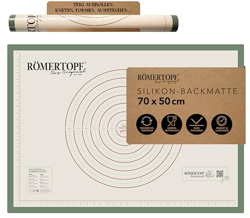 Römertopf Backmatte Silikon 70 x 50,5 cm antihaftend mit Maßangaben | Große Einzelmatte, antihaftend, hitzebeständig bis 250 °C, mit Teigkreisen und Backzeiten-Tabelle