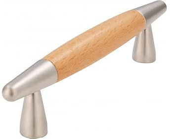 SIRO Möbelgriff München, Modern, Holz - Druckguss buche natur lackiert matt vernickelt, 134 mm x 31 mm x 12 mm, LA 96 mm, S351-133HZ18ZN4