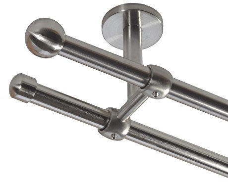 BASIT Gardinenstange Deckenmontage 2 läufig 320cm lang Edelstahl Look Metall Gardinenstange 2 läufig Deckenbefestigung Ø16mm I 120-600cm wählbar D21