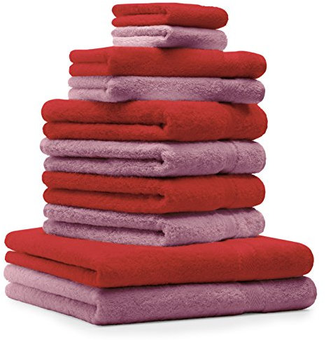 Betz 10-TLG. Handtuch-Set Premium 100% Baumwolle 2 Duschtücher 4 Handtücher 2 Gästetücher 2 Waschhandschuhe Farbe Rot & Altrosa