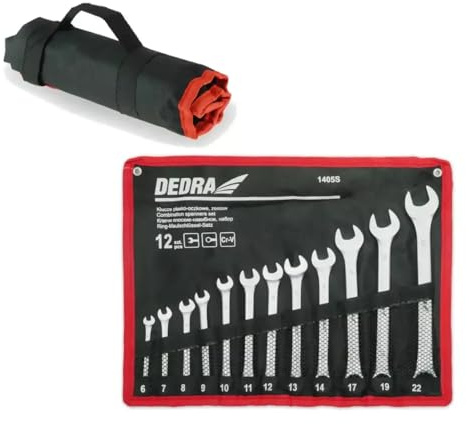 Dedra 1405s-Set Schlüssel flach mit Löchern Dedra, 12-tlg, Gabelringschlüssel, Größe von 6mm bis 22mm mit Abdeckung, mit satinierter Beschichtung, mit Abdeckung