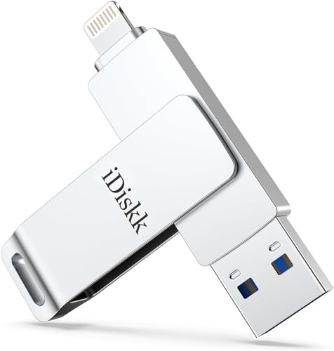 iDiskk 128GB iPhone/iPad Flash Drive - MFi Certified Lightning Port, USB 3.0, 1.5MB/s Read, 80MB/s Write, One-Click Backup, Silver