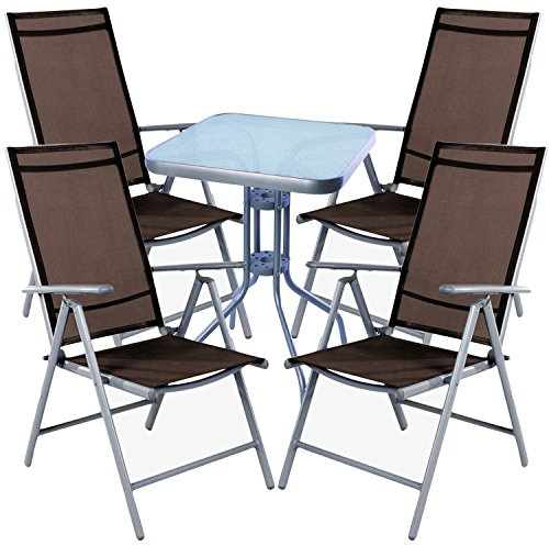 Mojawo Bistrogarnitur 5-teilig Bistrotisch Metall 60x60cmH70cm + 4 Klappstühle Aluminium/Textilen Silbergrau/Schokobraun