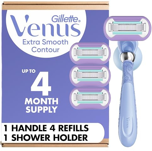 Gillette Venus Extra Smooth Contour Razor for Women, Includes 1 Reusable Razor Handle + 4 Count 5-Bladed Razor Refills, Women's Razor with Flexiball Pivoting Handle and Shower Holder