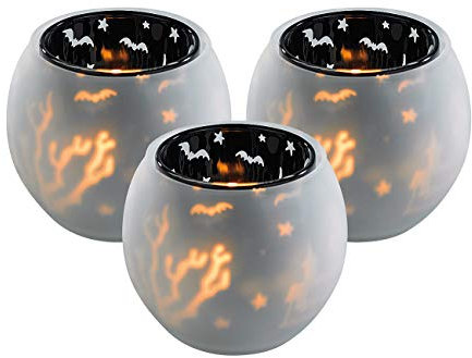infactory Leuchte für Halloween: 3er-Set Doppelglas-Windlichter Geisterhaus (Halloween Deko-Lichter, Windlicht für Halloweenparty, LED Echtwachskerzen)