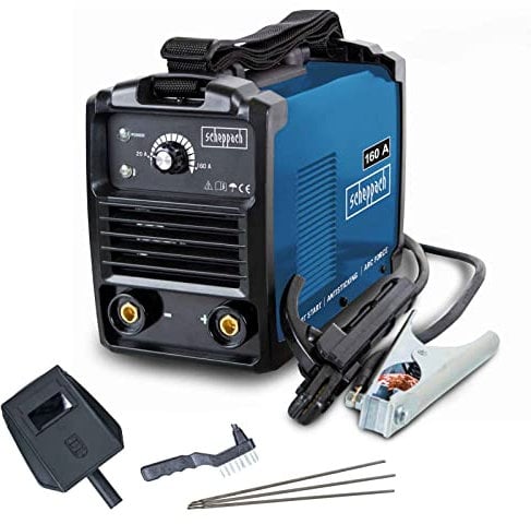 Scheppach WSE1100 - Saldatrice inverter per elettrodi, 230 V, 20-160 A, raffreddamento della ventola e protezione contro il surriscaldamento, tecnologia antiaderente, avviamento a caldo per auto, con