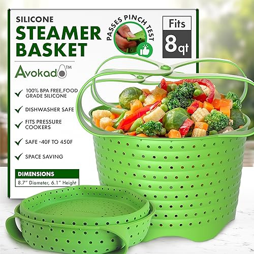 Avokado Silicone Steamer Basket for 8qt Instant Pot [3qt, 6qt avail], Other Pressure Cookers - 100% Food Safe, BPA-Free, Dishwasher Safe Collapsible Vegetable Steamer Basket & Strainer