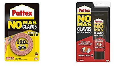 Pattex No Más Clavos Cinta, cinta adhesiva para aplicaciones permanentes + No Mas Clavos Para Todo HighTack Adhesivo de montaje resistente a temperaturas extremas