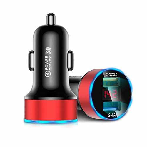 YSJJZRL Autoladegerät LED Handy Zigarettenanzünder USB Ladegerät Dual Port QC3.0 + 2.4A Auto Schnellladegerät Aufladen mit LED-Anzeige Digital Voltmeter Auto Mini Adapter(Rot)