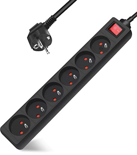 Multiprise 6 Prises 16A 2P + T avec Interrupteur, Extrastar Bloc 6 Prises, Rallonge 3M 230 V avec sécurité Enfant, Noir